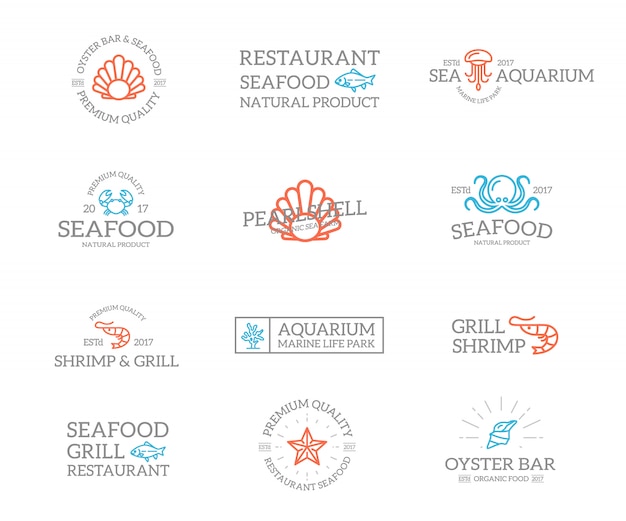 Conjunto de combinación de logo de pescado y marisco.