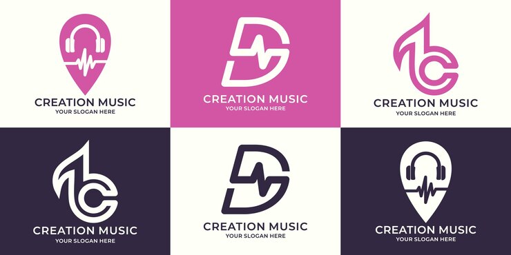 Vector conjunto de combinación de logotipos de auriculares música frecuencia letra d tono abstracto