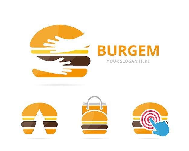 Conjunto de combinaciones de logotipos de hamburguesas Símbolo o icono de hamburguesa y abrazo plantilla de diseño de logotipo única de comida rápida y amistad de equipo