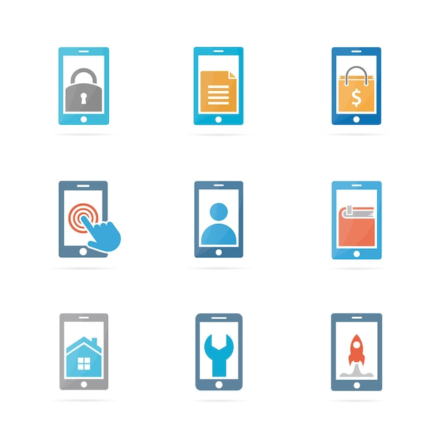 Conjunto de combinaciones de logotipos de teléfonos móviles y símbolos o iconos de aparatos móviles plantilla de diseño de logotipo único de teléfonos telefónicos y móviles