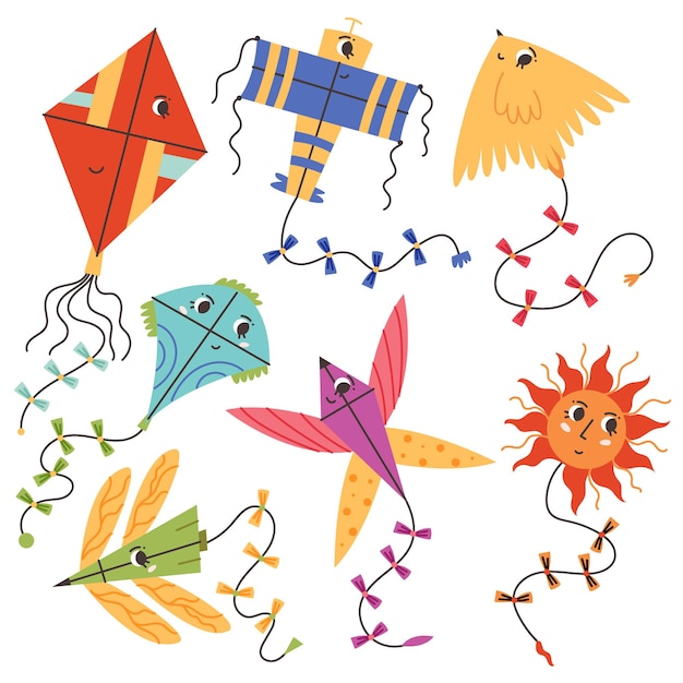 Conjunto de cometas de colores. Juguetes para niños voladores con alas de pájaro, sol, avión, libélula, personaje de mariposa. Ilustración de estilo de vector plano de vivero moderno