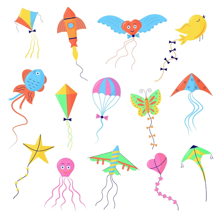 Vector conjunto de cometas de viento voladoras de colores. elementos del festival de cometas de diferentes tipos y formas.