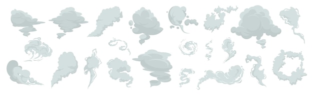conjunto cómico de nube de humo El humo cómico fluye polvo smog y siluetas de nubes humeantes de humo