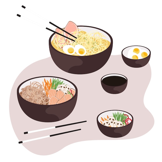 Vector conjunto de comida asiática. ramen. soba en un bol. cocina asiática.