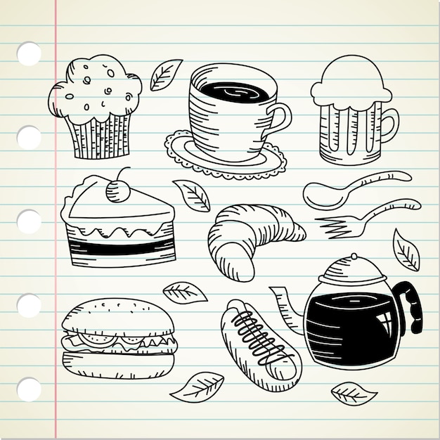 Conjunto de comida y bebida doodle