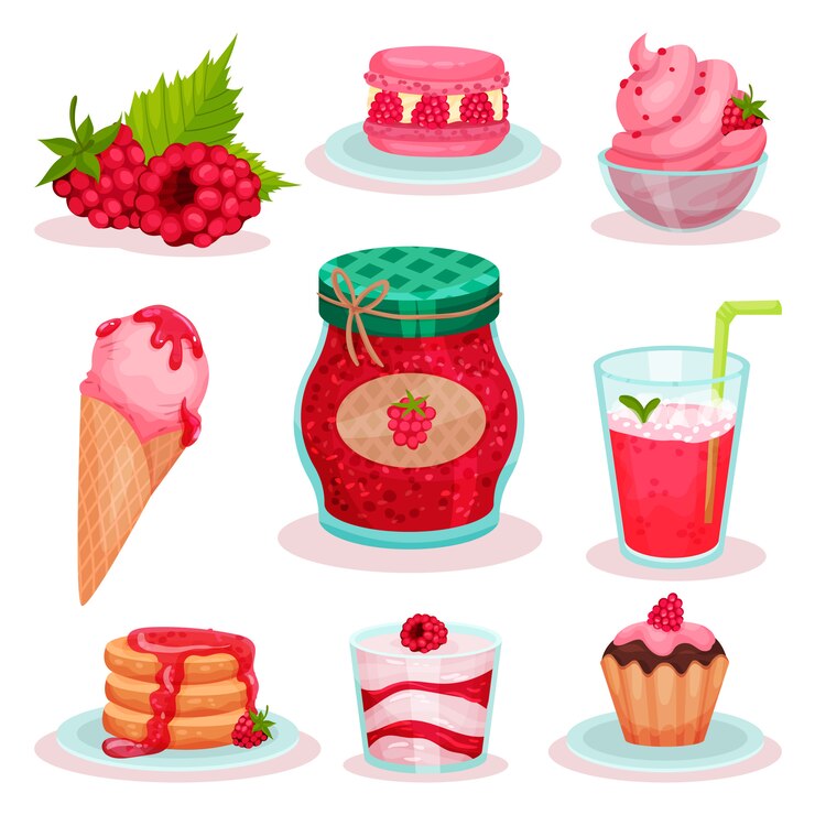 Vector conjunto de comida y bebida de frambuesa. helado, tarro de mermelada, cóctel fresco y sabrosos postres. elementos para el menú o libro de recetas.
