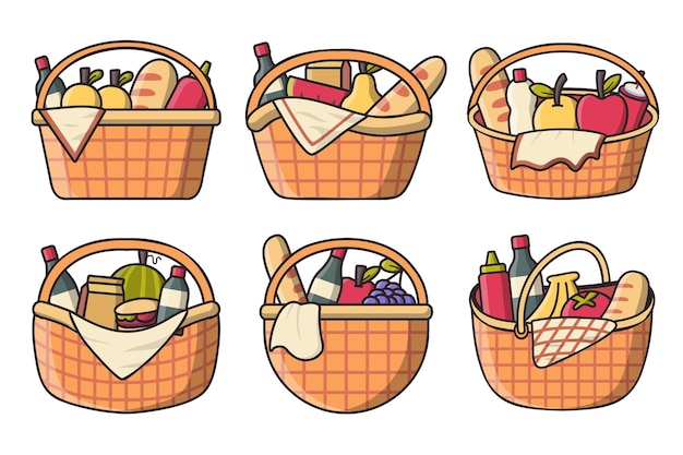 Conjunto de comida, bebida y fruta tipo verious en dibujo de cesta de picnic aislado en ilustración de vector de fondo blanco