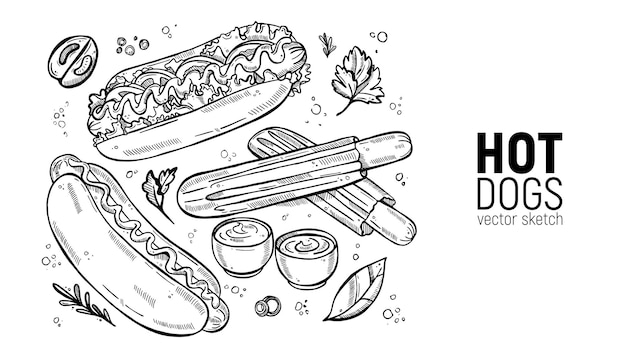 Conjunto de comida callejera Comida rápida hot dog clásico y con salsa de verduras ketchup Bocetos de dibujo a mano
