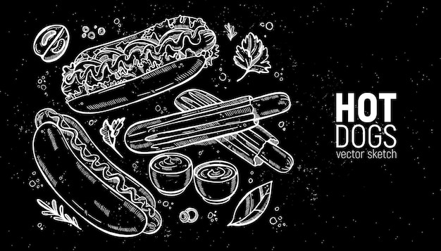 Conjunto de comida callejera Comida rápida hot dog clásico y con salsa de verduras ketchup Bocetos de dibujo a mano