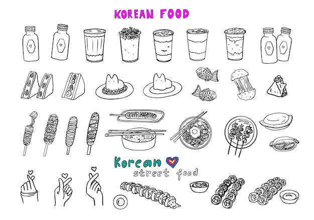 Conjunto de comida callejera coreana al estilo doodle postres coreanos cocina coreana Ramen bebidas para perros de maíz