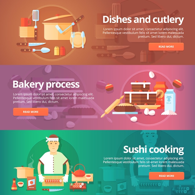 Conjunto de comida y cocina. ilustraciones sobre el tema de platos y cubiertos, proceso de panadería, cocina de sushi. conceptos.