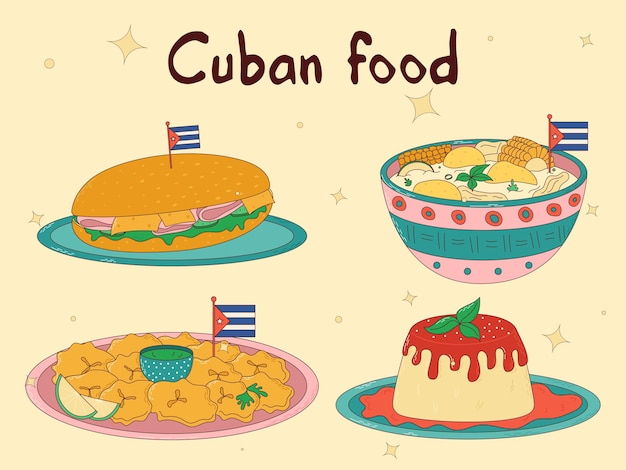 Conjunto de comida cubana plato tradicional cubano ilustración vectorial