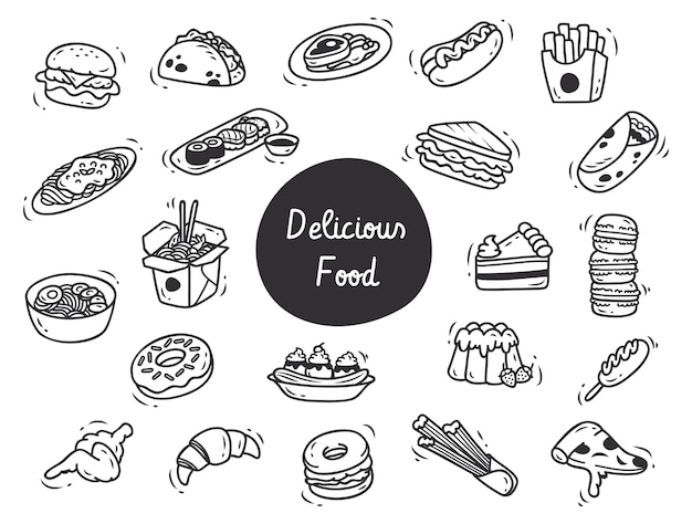 Conjunto de comida deliciosa doodle