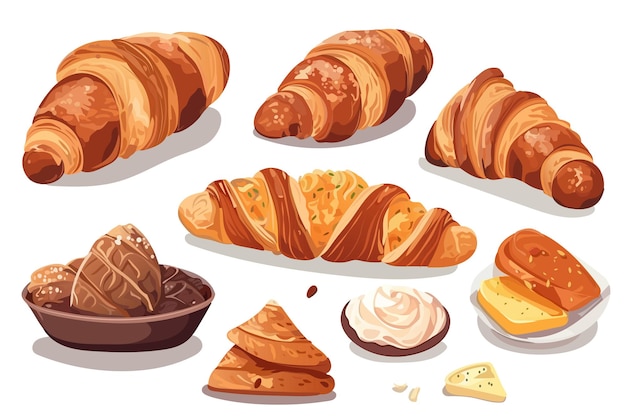 Conjunto de comida Un delicioso diseño plano inspirado en dibujos animados con un conjunto de croissants deliciosos