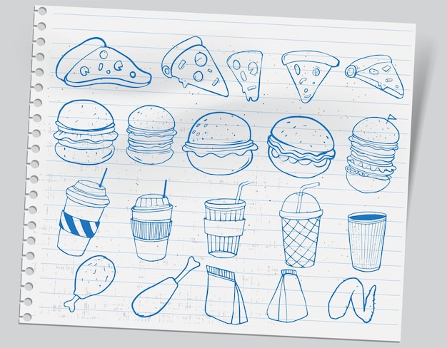 Conjunto de comida dibujada a mano aislada sobre fondo blanco, conjunto de doodle de comida rápida. Ilustración vectorial