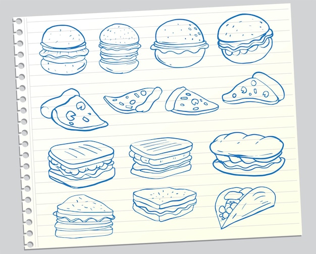 Conjunto de comida dibujada a mano aislada sobre fondo blanco, conjunto de doodle de comida rápida. Ilustración vectorial