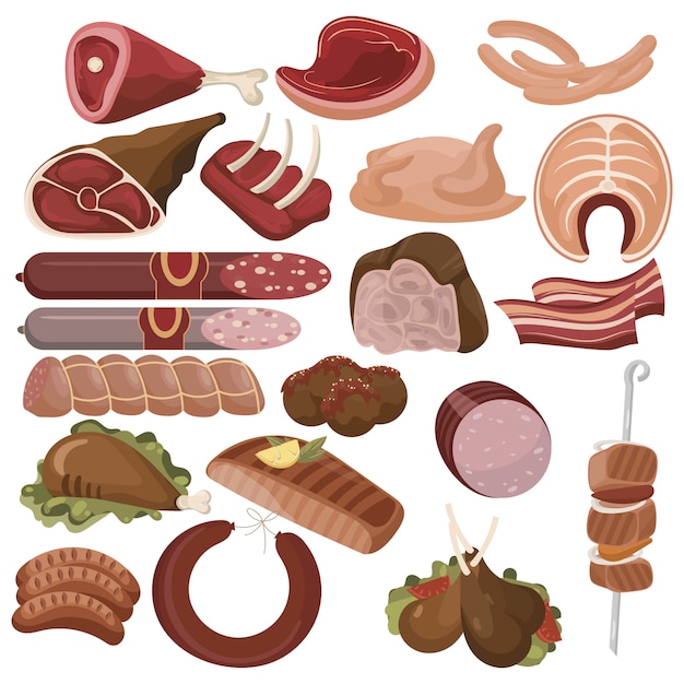 Vector conjunto de comida de dibujos animados. colección de estilizada carne cruda. surtido de rodajas de carne fresca.