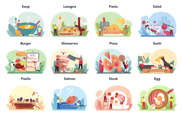 Conjunto de comida diferente. Chef de restaurante cocinando comida de diferentes cocinas. Colección de hombre y mujer en delantal preparando sabroso plato en la cocina. Ilustración vectorial plana