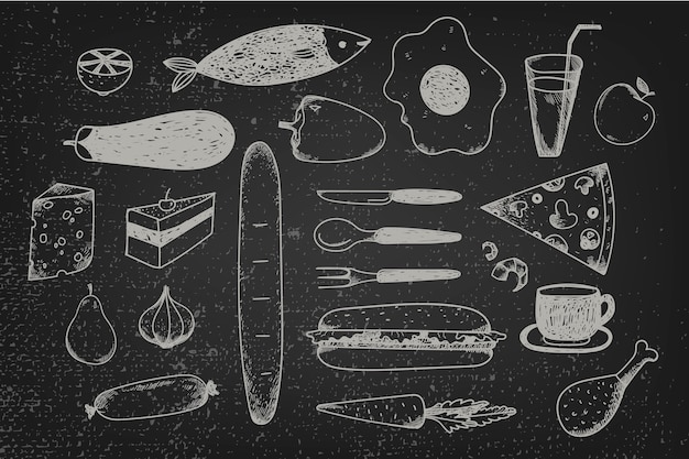 conjunto de comida de doodle dibujado a mano en la pizarra. Ilustración gráfica en blanco y negro