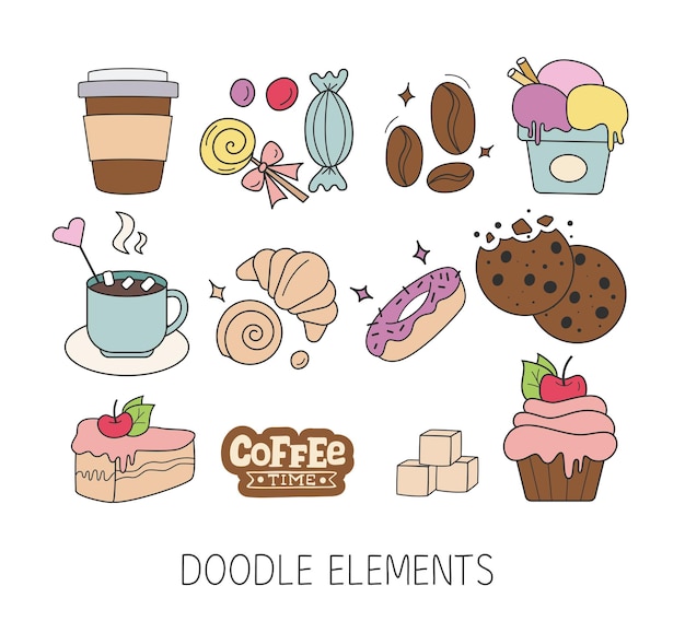 Conjunto de comida de dulces de doodle en blanco Tortas galletas para hornear galletas pasteles donut helado