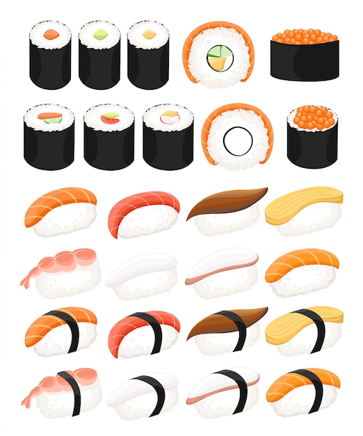 Conjunto de comida japonesa, diferentes tipos de sushi sobre fondo blanco. Sushi nigiri.