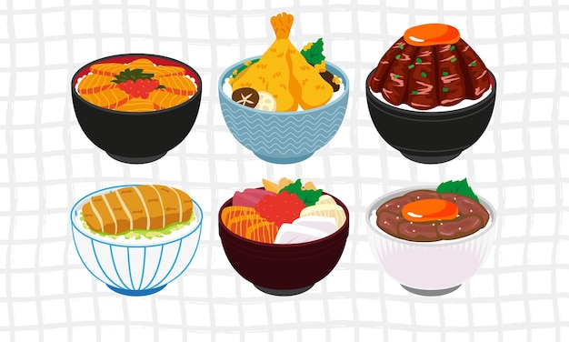 Vector un conjunto de comida japonesa en un lindo vector de estilo de color plano set 2