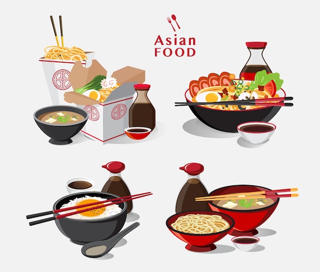 Conjunto de comida japonesa, ramen en un tazón, sopa de fideos, caja para llevar, ilustración