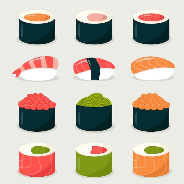 Conjunto de comida japonesa: rollos de sushi, nigiri, sushi gunkan. Comida asiática al estilo plano.