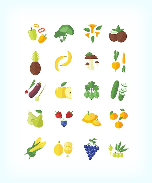 Conjunto de comida orgánica vegetariana. Conjunto de iconos de frutas y verduras.
