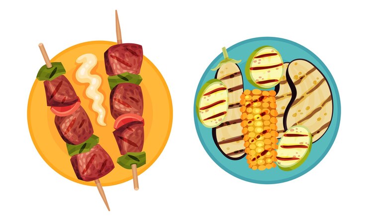 Vector conjunto de comida a la parrilla deliciosos platos para la fiesta de barbacoa ilustración vectorial del menú