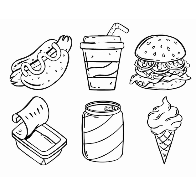 Conjunto de comida rápida para el almuerzo o comida chatarra con estilo Doodle o incompleto sobre fondo blanco Ilustración vectorial