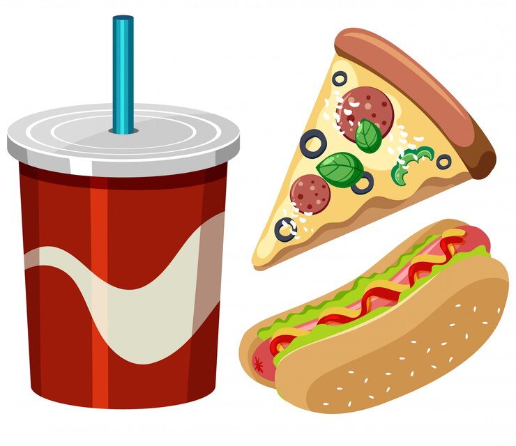 Vector conjunto de comida rápida con bebida y pizza