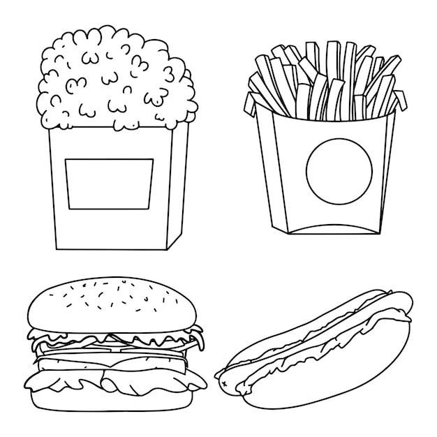 Conjunto de comida rápida dibujado a mano ilustración vectorial