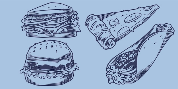 Vector conjunto de comida rápida dibujado a mano menú de comida rápida de un restaurante de comida chatarra