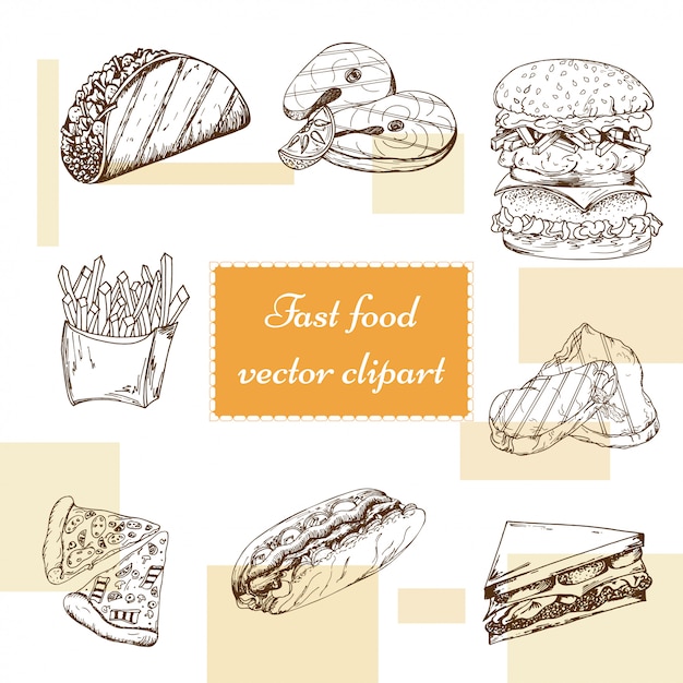 Conjunto de comida rápida. Dibujar a mano ilustración. Diseño de hamburguesa vintage. Coloridos elementos de comida americana