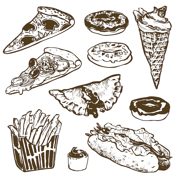 Conjunto de comida rápida. hamburguesa, rosquilla, helado, hot dog, papas fritas, pizza. ilustración para productos de menús, recetas y paquetes.