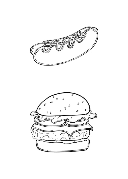 Conjunto de comida rápida hot dog hamburguesa carne chuleta salchicha salsa bollo sésamo queso garabato dibujos animados lineales