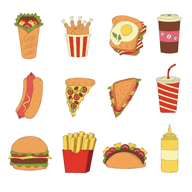 Conjunto de comida rápida Hotdog burrito soda taco hamburguesa pizza patatas fritas sándwich pollo frito mostaza