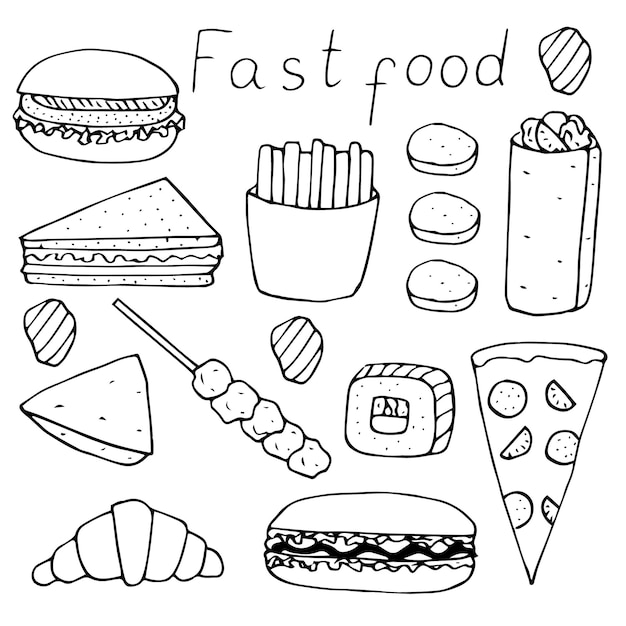 Conjunto de comida rápida ilustración vectorial, garabato de dibujo a mano alzada