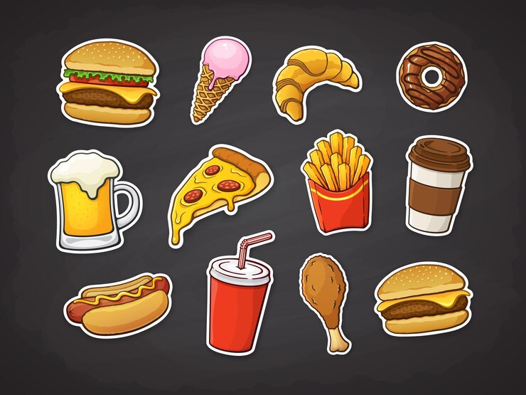 Vector conjunto de comida rápida pizza hamburguesa hot dog papas fritas donut taza de refresco y café vector