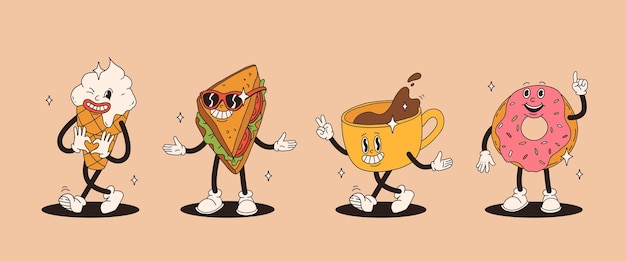 Conjunto de comida rápida retro groovy personaje de dibujos animados mascota vintage de hamburguesa pizza hot dog helado papas fritas café para ir rosquilla y refresco con sonrisa feliz ilustración de comida callejera funky