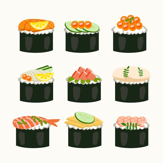 Conjunto de comida tradicional asiática de diferentes estilos planos de sushi