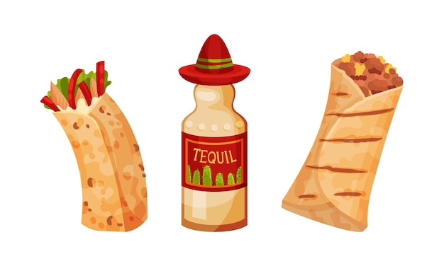 Conjunto de comida tradicional mexicana Burritos y botella de tequila Ilustración vectorial