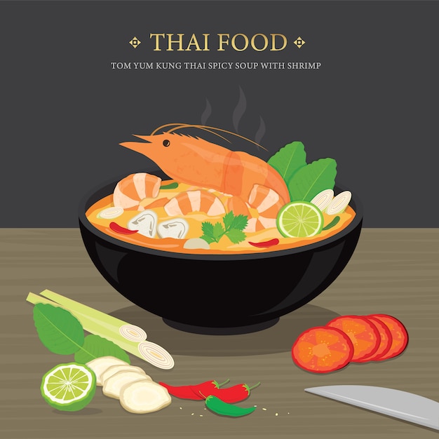 Vector conjunto de comida tradicional tailandesa, tom yum kung es una sopa picante tailandesa con camarones. ilustración de dibujos animados