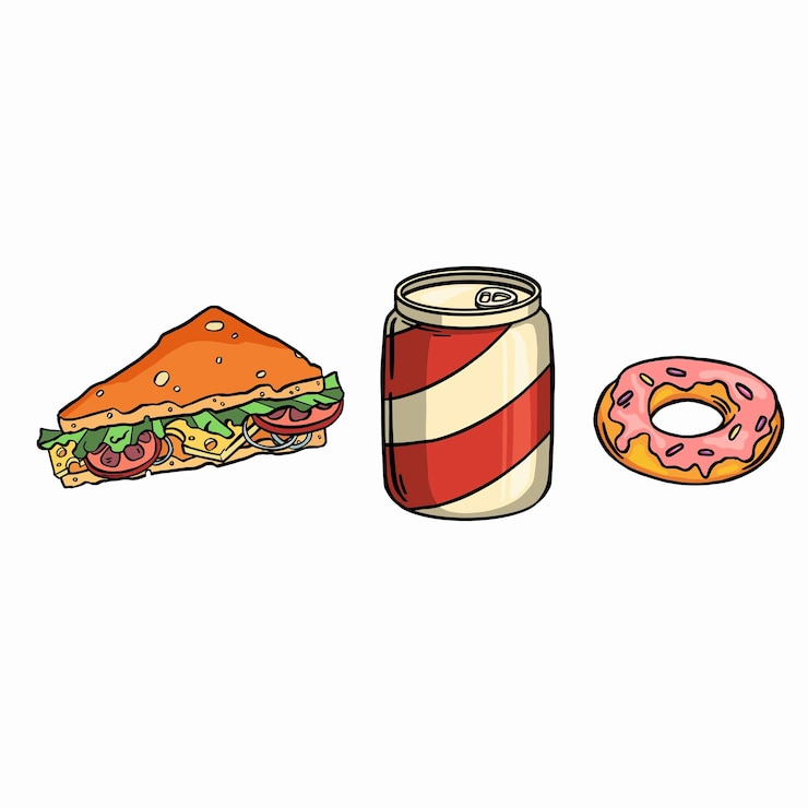 Vector conjunto de comidas de comida rápida colección vector banner de colección detallada realista con hotdog hamburguesa sanwich papas fritas donuts helado palomitas de maíz