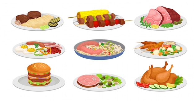 Vector conjunto de comidas preparadas para el almuerzo. puré de papas, chuletas, kebab, salchichas, pollo, huevos revueltos, sándwich. ilustración vectorial