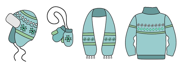 Conjunto de cómoda ropa cálida de invierno sombrero mitones suéter de punto y bufanda Ilustración vectorial
