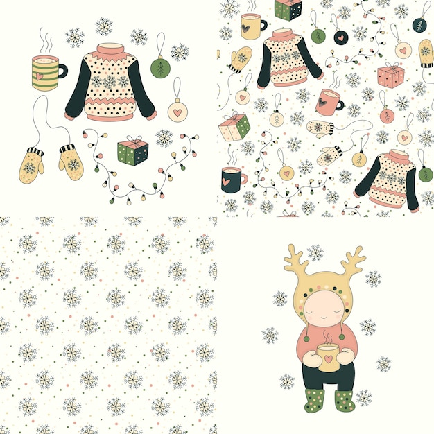 Conjunto de cómodos patrones y objetos sin costuras de Navidad regalos de nieve personaje de dibujos animados en sombrero de reno