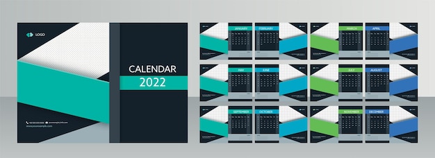 Vector conjunto completo de diseño de calendario moderno de 12 meses con espacio de copia para el año 2022.