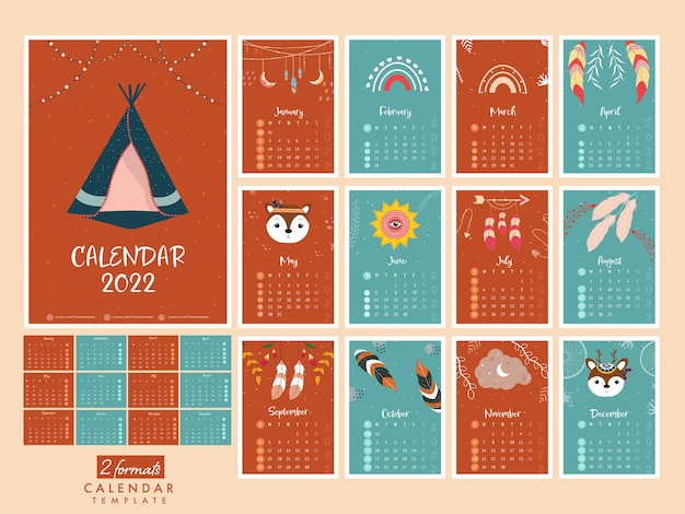 Conjunto completo de dos formatos de diseño de calendario anual 2022 en color naranja oscuro y azul.